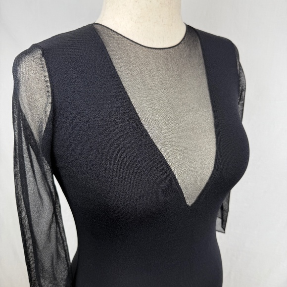 Zara Knit Black Deep V Illusion Mid Length Dress Sheer 3/4 Sleeves Size M Sexy! - Picture 1 of 16